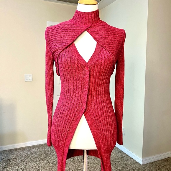 Ronny Kobo 2 piece Garner Fushia Cowl Turtleneck knit Sweater coquette size M - Picture 1 of 14